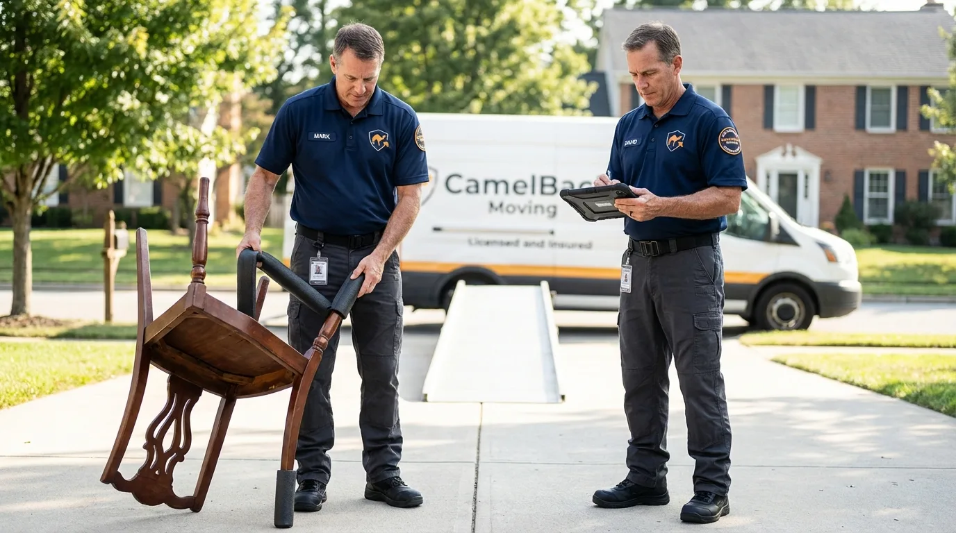 Movers inspecting furniture for damage prevention before loading in Alachua, FL